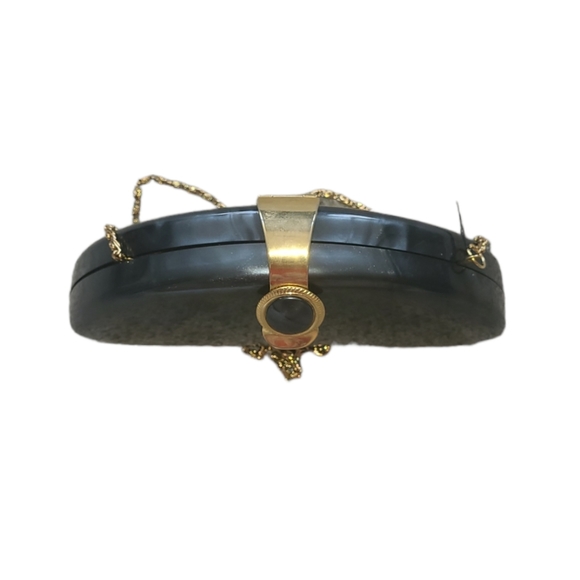 NWT new Vintage Stephanie Gold & green hardshell clutch evening Bag metal chain - Picture 4 of 12